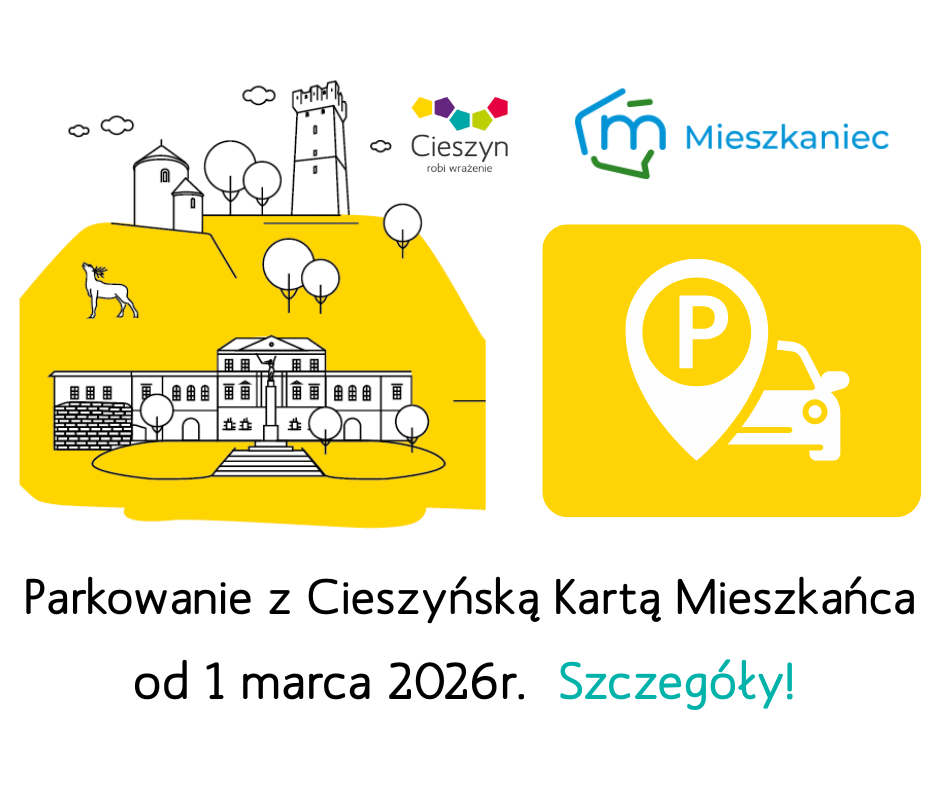 Grafika rysunkowa przedstawiająca budynki na Górze Zamkowej, grafika samochodu i znaczek lokalizacji. Znak logo: 